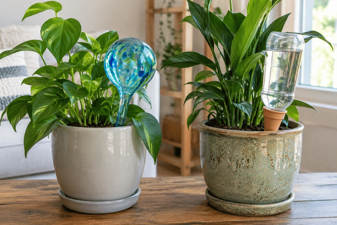 Glass watering globe and bottle-fed ceramic watering spike installed in separate indoor plant pots Glass watering globe and bottle-fed ceramic watering spike installed in separate indoor plant pots