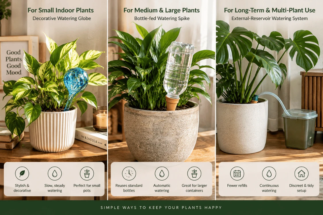 Three potted plants using a decorative globe, bottle-fed spike and external-reservoir watering system Three potted plants using a decorative globe, bottle-fed spike and external-reservoir watering system