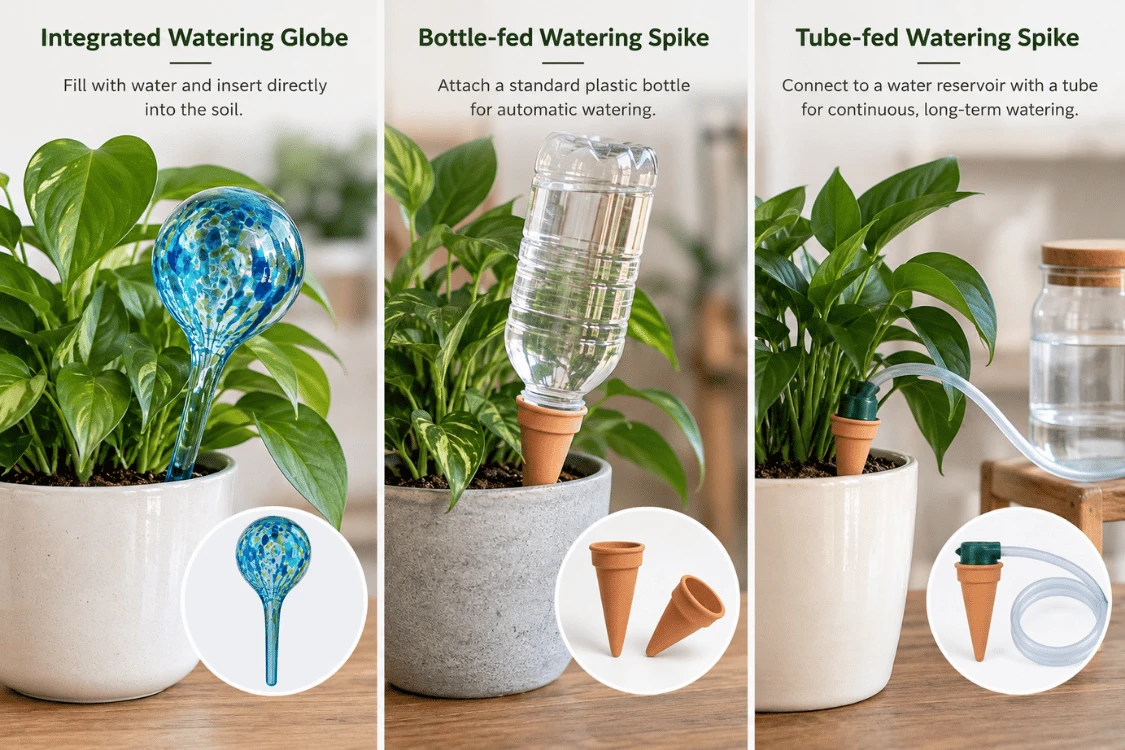 Integrated watering globe, bottle-fed spike and tube-fed watering spike shown side by side Integrated watering globe, bottle-fed spike and tube-fed watering spike shown side by side