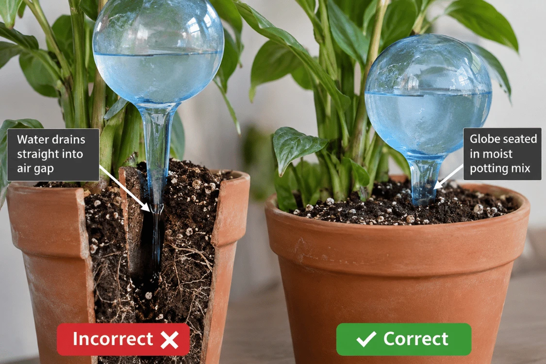 Watering globe draining into a loose air gap beside a correctly installed globe in moist potting mix Watering globe draining into a loose air gap beside a correctly installed globe in moist potting mix