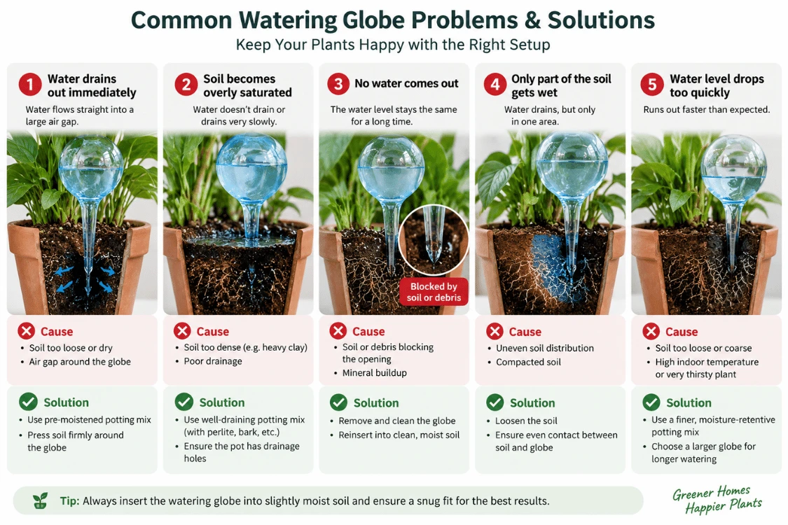 Five watering globe symptoms including immediate drainage, saturation, blockage and uneven moisture Five watering globe symptoms including immediate drainage, saturation, blockage and uneven moisture