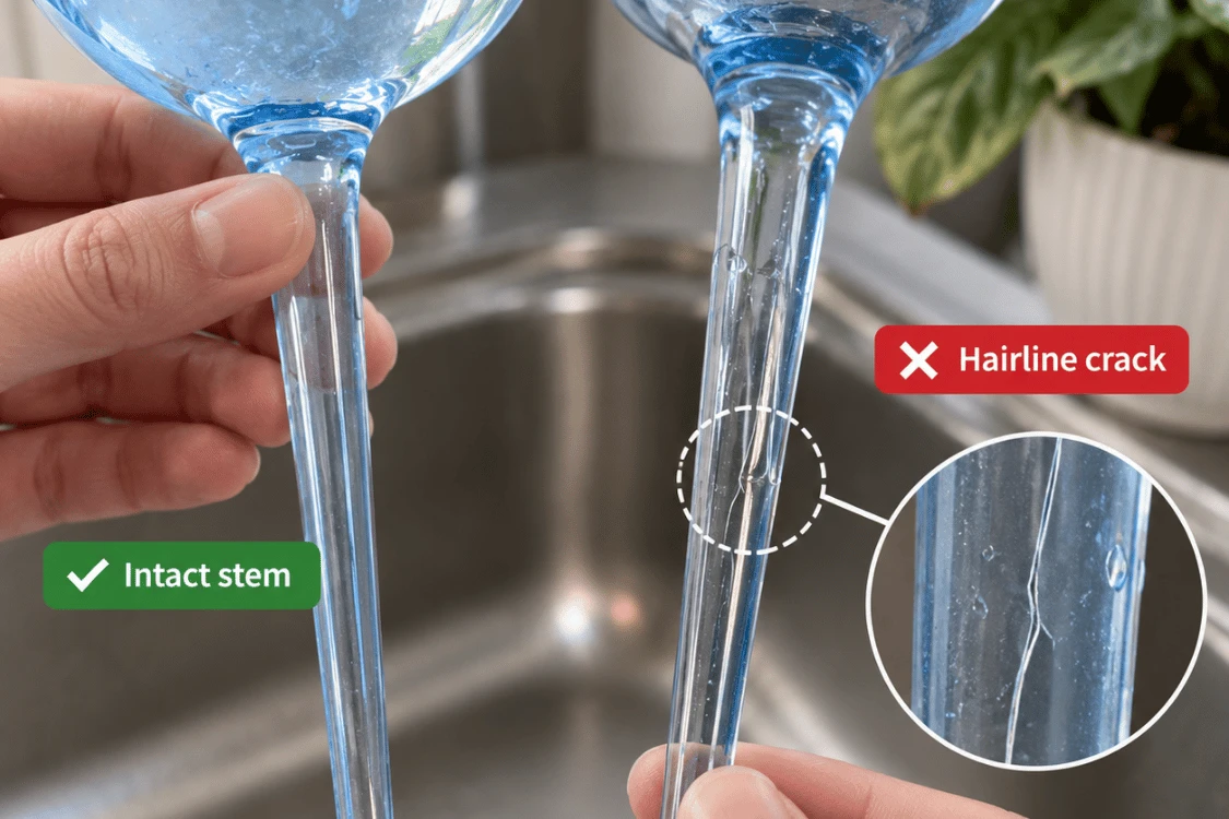 Intact glass watering globe stem beside a stem with a visible hairline crack Intact glass watering globe stem beside a stem with a visible hairline crack
