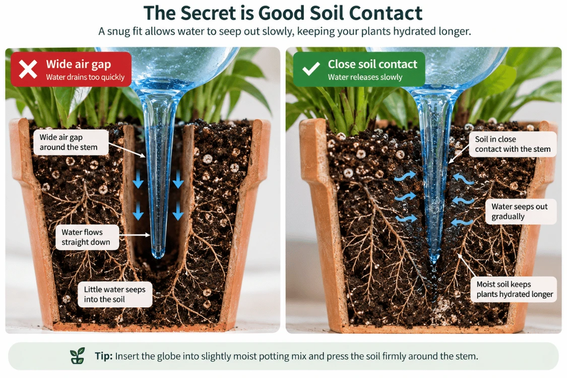 Cross-section of a watering globe stem in a wide air gap and in close contact with potting mix Cross-section of a watering globe stem in a wide air gap and in close contact with potting mix
