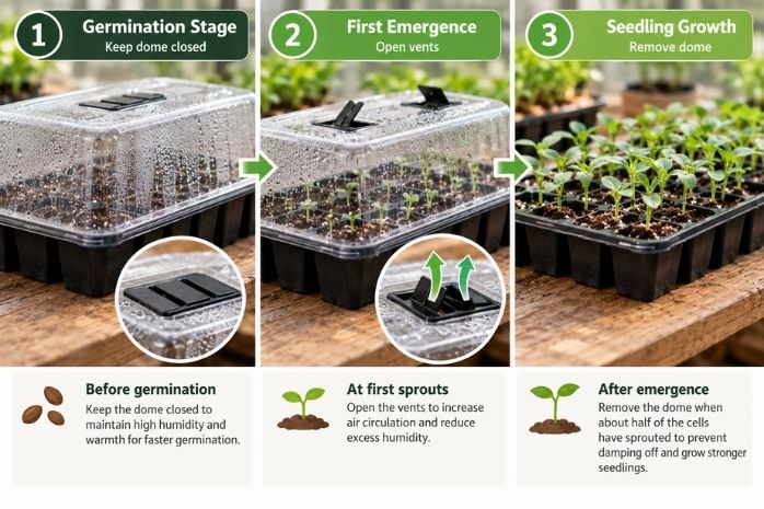Humidity dome closed for germination, vented at first sprouts and removed after seedling emergence Humidity dome closed for germination, vented at first sprouts and removed after seedling emergence