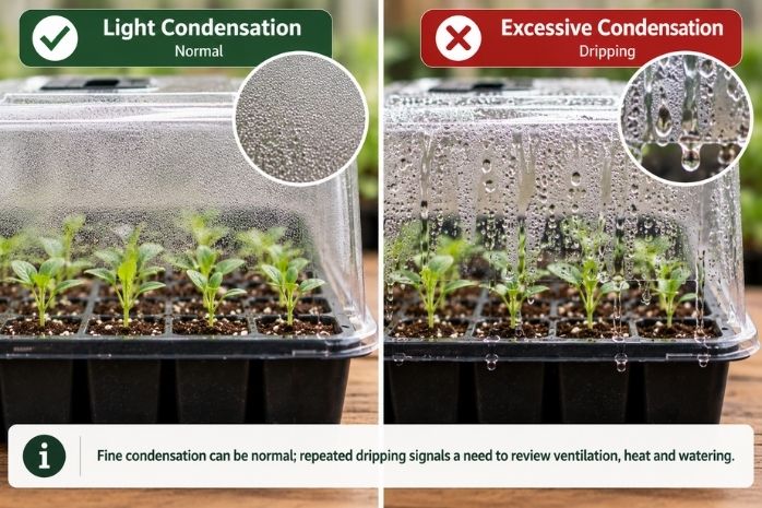 Light condensation and excessive dripping compared inside a seedling humidity dome Light condensation and excessive dripping compared inside a seedling humidity dome