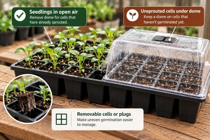 Early seedlings separated from unsprouted cells in a modular seed-starting tray Early seedlings separated from unsprouted cells in a modular seed-starting tray