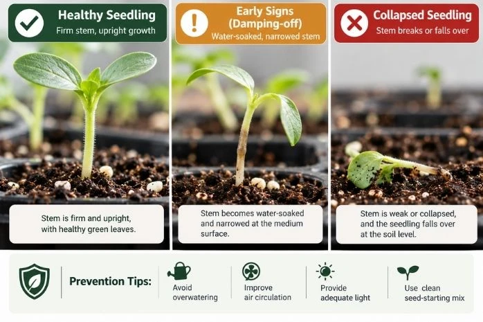 Healthy seedling compared with narrowed and collapsed stems caused by damping-off symptoms Healthy seedling compared with narrowed and collapsed stems caused by damping-off symptoms