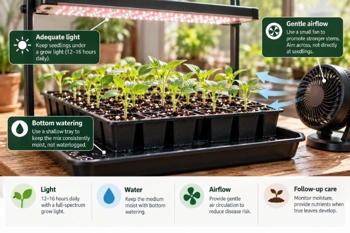 Seedlings under grow lights with bottom watering and gentle air circulation after dome removal Seedlings under grow lights with bottom watering and gentle air circulation after dome removal