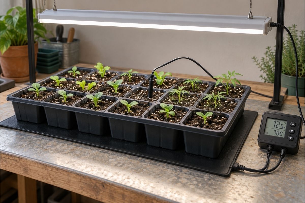 Seedling heat mat under a propagation tray with thermostat probe in the growing medium Seedling heat mat under a propagation tray with thermostat probe in the growing medium