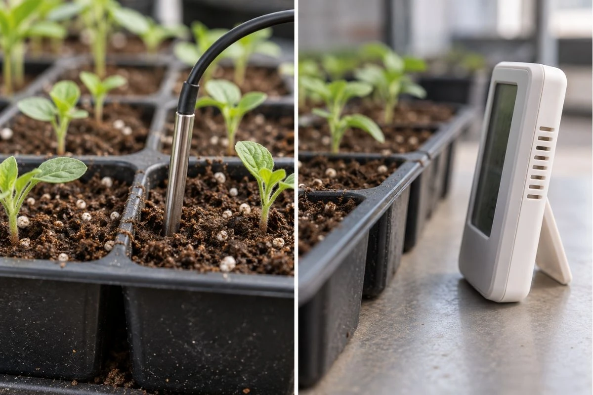 Probe measuring seed-starting medium temperature beside a separate room thermometer Probe measuring seed-starting medium temperature beside a separate room thermometer