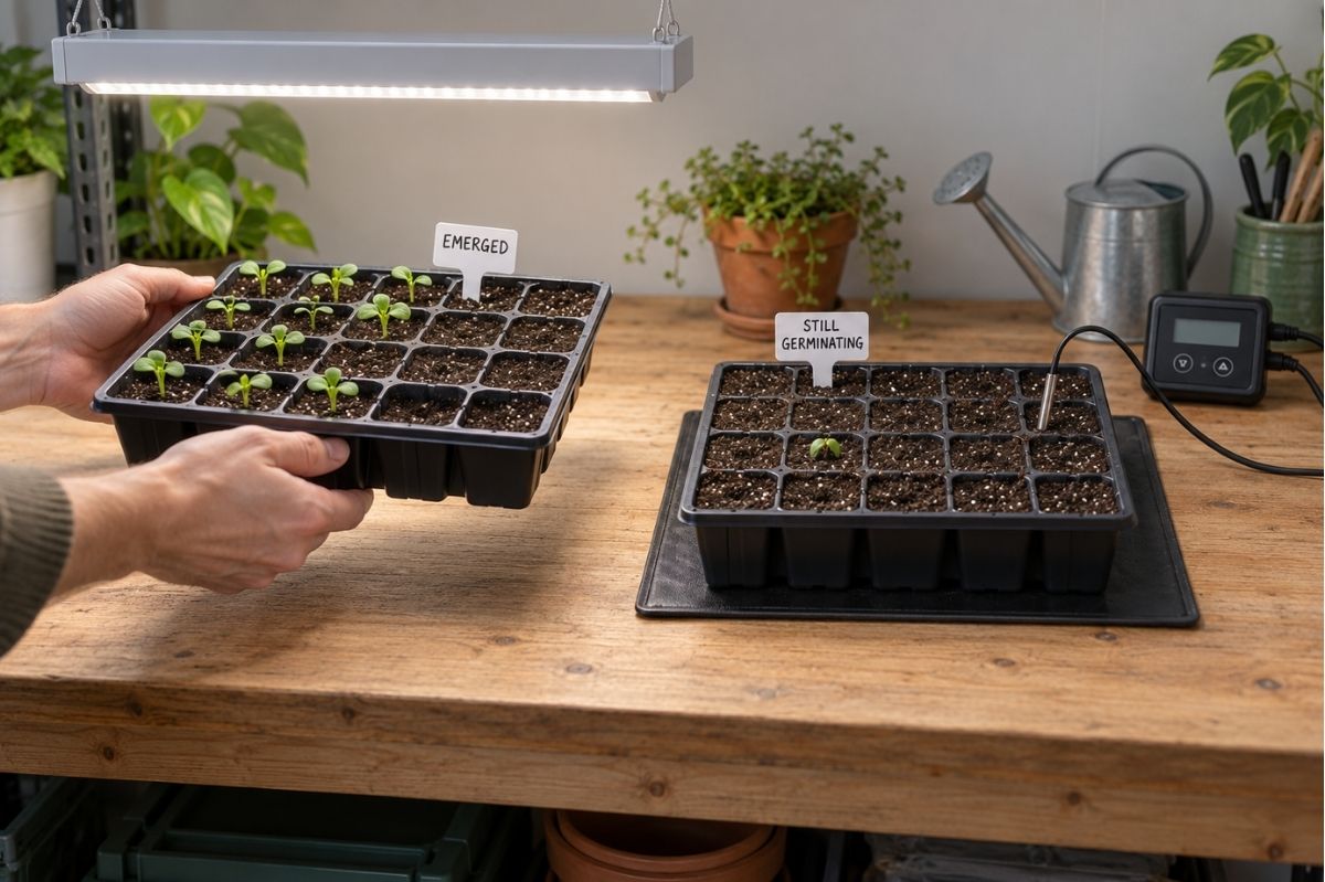 Half-germinated seed tray moved from a heat mat to a grow light while a slower tray remains warm Half-germinated seed tray moved from a heat mat to a grow light while a slower tray remains warm